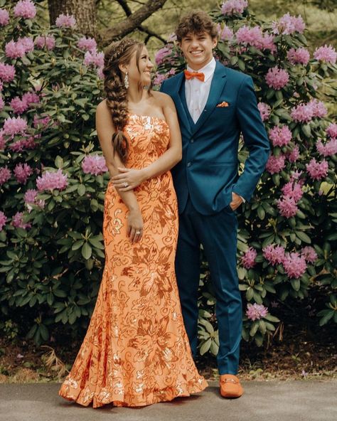 Blue Suit And Orange Dress, Blue And Orange Prom Dress, Orange And Tan Prom, Burnt Orange Prom Couple, Orange And Navy Prom, Neon Orange Prom Dress Couple, Pastel Orange Prom Dress, Orange Prom Dress With Date, Orange Dress Prom