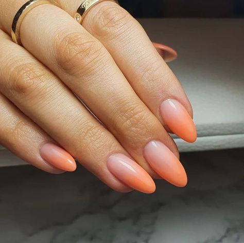 Orang Ombre Nails, Pink Orange Ombre Nails Summer, Peach French Tip Nails Almond, French Ombre Nails Orange, Orange To White Ombre Nails, Light Orange Nails Almond, Orange Ombre Nails Almond, Bright Orange Tip Nails, Orange Detail Nails