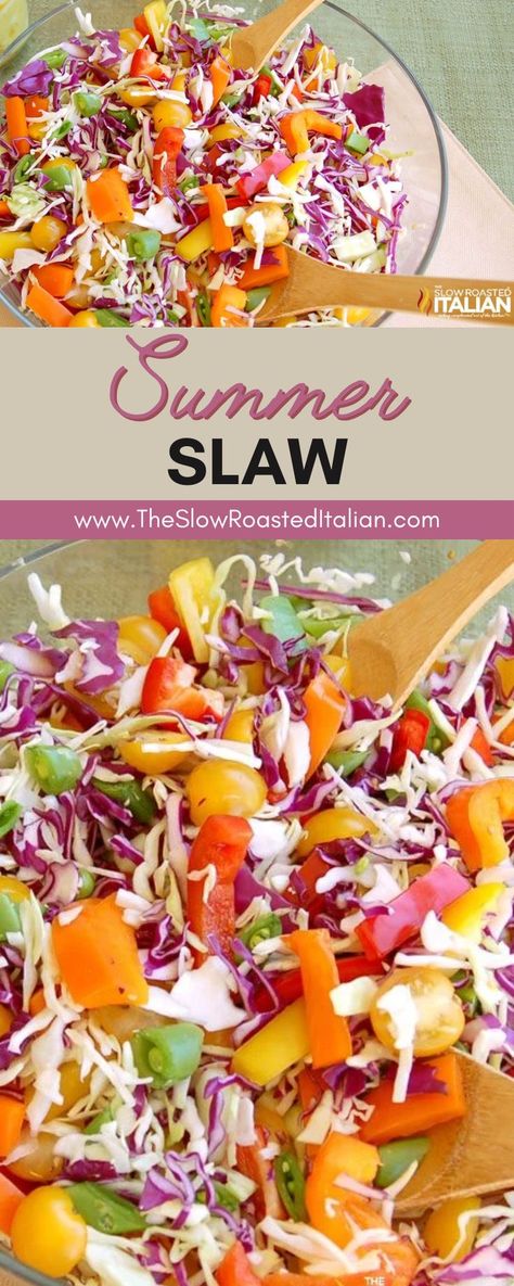 Our summer slaw is perfectly light and flavorful with crisp cabbage and a rainbow of veggies. This is an easy recipe for no mayo coleslaw! I am so happy to share with you a favorite side dish recipe seen during Season 12 of The Biggest Loser! This amazing Summer Slaw recipe was prepared during a cooking challenge by the Black Team. Summer Cole Slaw, Slaw No Mayo, Vinegar Based Coleslaw Recipe, No Mayo Coleslaw, Asian Slaw Recipe, Summer Slaw, Slow Roasted Italian, Easy Coleslaw, Coleslaw Recipe Easy