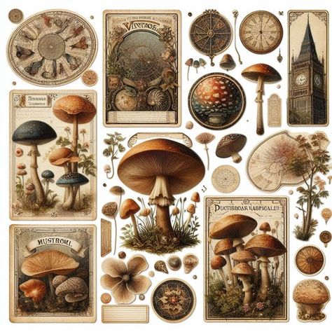 Free Printables + AI Art Sharing | I like to create elements that can be used in any project, generic topics I guess you could say:  mushrooms, clocks, numbers, globes...I hope you enjo... | Facebook Mushroom Printable, Mushroom Clipart, Scrapbook Printables, Aesthetic Desktop Wallpaper, Digital Collage Sheets, Free Clip Art, Digital Collage, Junk Journals, Junk Journal