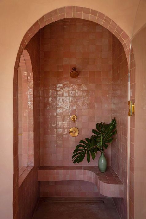 Salmon Pink Bathroom, Salmon Bathroom, Pink Bathroom Tiles, Earthy Bathroom, Concrete Collaborative, Bathroom 2024, Mezzanine Bedroom, Interior Design Renderings, Pink Showers