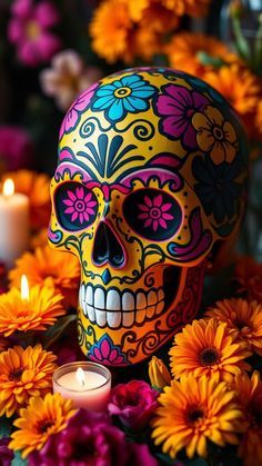 Sugar Skulls Ideas, Sugar Skull Design Ideas, Candy Skull Costume, Skull Painting Ideas, Sugar Skull Sleeve, Diy Sugar Skull, Candy Skull Tattoo, Colorful Skull Art, Mexican Art Tattoos