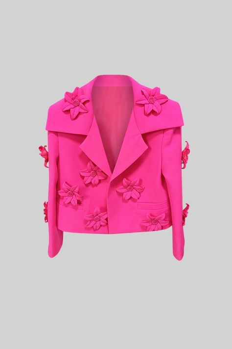 Floral Ornaments, Embellished Jacket, Elegant Skirt, Full Look, Suit Designs, Jacket Design, Fashion Details, Neon Pink, Fabric Cotton