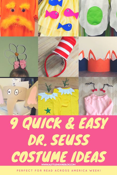 Read Across America Week coincides with the birthday of Dr. Seuss and so many schools celebrate with kids dressing up in costume! If your school is asking your child to dress up as their favorite Dr. Seuss costume, have no fear! I have sound nine quick and easy costume ideas for kids that won’t break [...] Dr Seuss Costume Ideas, Dr Seuss Diy Costumes, Dr. Seuss Costumes, Easy Book Character Costumes, Dr Suess Characters, Seuss Costumes, Dr Seuss Costumes, Costume Ideas For Kids, Read Across America Week