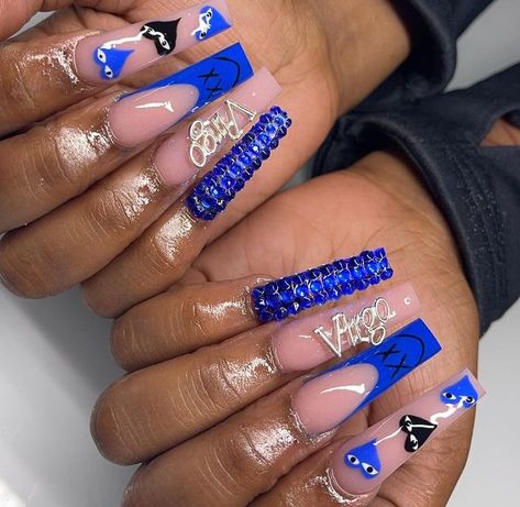 Blue And Silver Acrylic Nails Coffin, 1997 Nail Design, Blue Virgo Birthday Nails, Blue And Black Birthday Nails, Blue Nails Birthday Set, Birthday Nail Set Ideas Blue, Baddie Birthday Nails Virgo, Blue Bday Nails, Blue Birthday Nails Acrylic