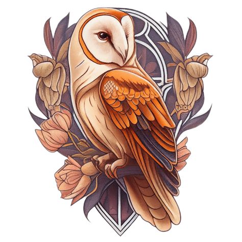 Brown Owl Tattoo, Neo Trad Owl Tattoo, Art Nouveau Owl, Barn Owl Tattoo Design, Neotraditional Owl Tattoo, Owl Tattoo Color, Owl Traditional Tattoo, Neo Traditional Owl Tattoo, Neo Traditional Owl