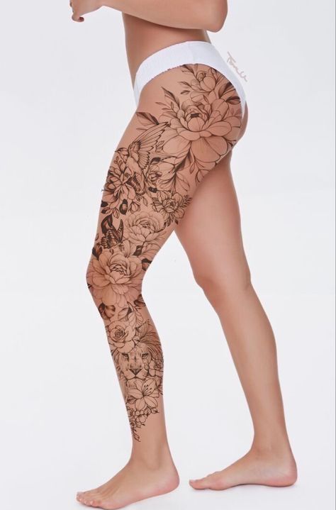 Large Floral Leg Tattoo, Back Tattoo Women Full Flowers, Female Leg Sleeve Tattoo Ideas, Floral Leg Tattoo Sleeve, Lion Tattoo For Women Leg, Lion Leg Sleeve Tattoo, Tattoo Flowers Leg, Lion Leg Tattoo Female, Floral Leg Tattoos For Women