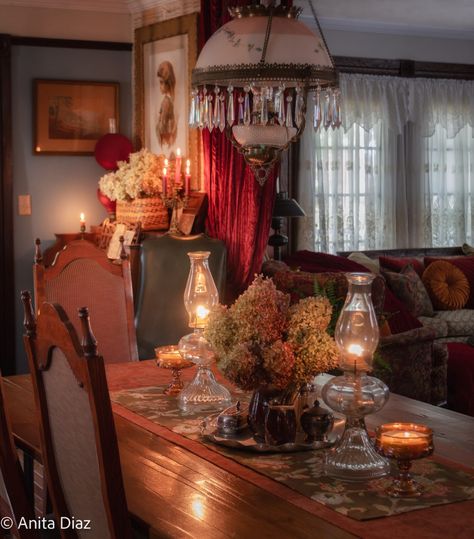 Victorian Fall Decor, Cozy Fall Kitchen, English Cottage Bedroom, Burgundy Curtains, Old Fashioned Kitchen, Whispering Pines, Gallon Of Paint, Count Your Blessings, Glass Front Cabinets