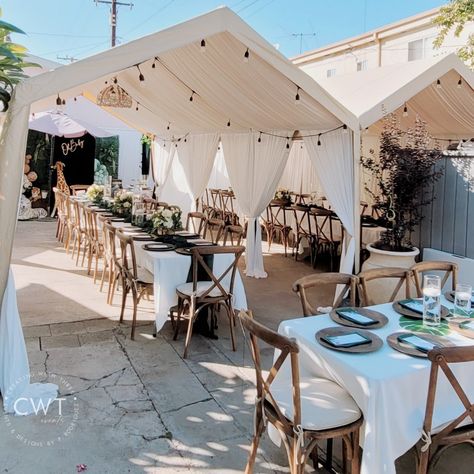 Tented Backyard Party, Table And Chair Set Up For Party, Backyard Tent Dinner Party, Baby Shower Plate Setting, Backyard Tent Party Ideas, Outside Tent Party Ideas, Backyard Party Table Set Up, Baby Shower Tent Decorations, Tent Dinner Party