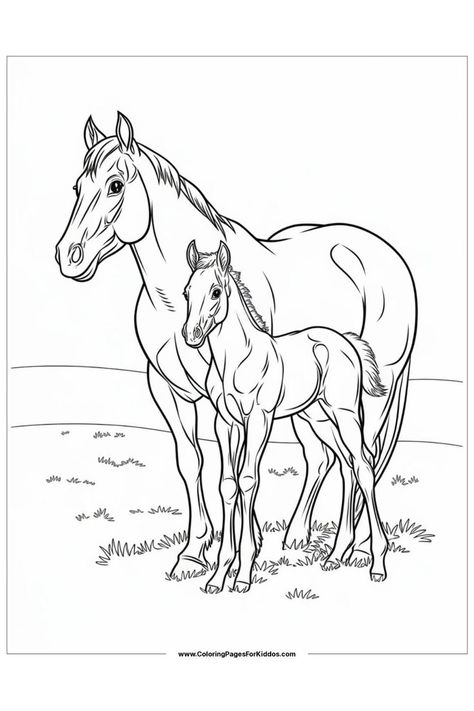 A mare and her foal standing closely together, symbolizing the bond between horses. Horse Colouring In Pages, Daycare Setup, Coloring Pages Preschool, Horse Coloring Books, Fire Icons, Homeschool Projects, Free Horses, Horse Coloring Pages, Horse And Rider