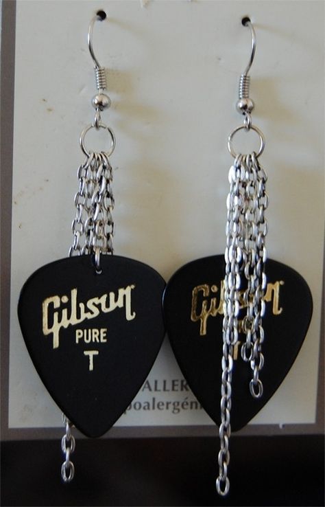 Rocker Chick Earrings   •  Make a guitar pick earring in under 30 minutes Rocker Earrings, Band Merch Ideas, Guitar Jewelry, Guitar String Jewelry, Guitar Pick Jewelry, Connected Hearts, Guitar Pick Earrings, Rocker Chick, Guitar Pics