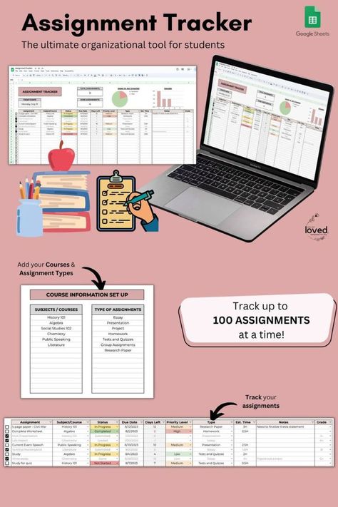 Assignment Tracker | Google Sheets Template ipadplanners #plannergrГЎtis #printableplanners #dailyplannerprintable🌻 One Note Tips, Study Planner Printable Free, Study Planner Free, Assignment Tracker, Journal Business, Budget Template Free, Free Planner Templates, College Student Hacks, Study Planner Printable