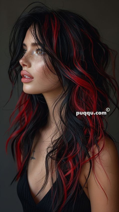 Red Highlight On Black Hair, Red Hair Black Peekaboo, Long Hair Red Highlights, Black And Red Hair Ombre, Split Red Hair, Black And Red Hair Dye, Black And Red Hair Aesthetic, Black Hair And Red Highlights, Red And Brown Hair Ideas