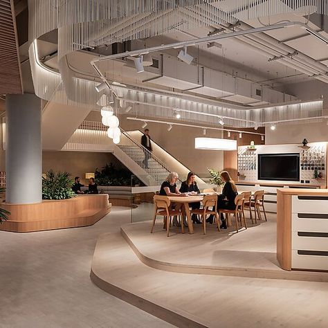 Angular Interior Design, Conference Center Architecture, Office Snapshots Reception Areas, Workplace Collaboration Spaces, Google Headquarters Interior, University Collaboration Space, Column Cladding, Coworking Space Design, Atrium Design