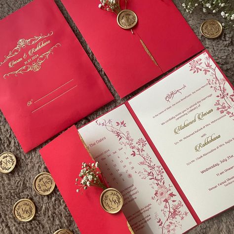 Rediscover the charm of tradition with our royal red wedding invitations adorned with dainty floral, some gold flakes and a custom wax seal. ✨ DM to get yours customised with us ♥️ . Wax seals by @shalviepackaging . Wedding Cards, Wedding Invitation, Wedding inspo, weddings, modern invites, invitations, digital, personalised, aesthetic, handmade, wax seals, small business, Kolkata. . #weddinginvitation #weddingcard #wedding #trending #kolkatawedding #invitation #handmade #unfoldinghappiness Nikkah Invite, Invitation Handmade, Royal Invitation, Simple Wedding Cards, Custom Wax Seal, Red Wedding Invitations, Golden Wedding, Modern Invitation, Invitation Wedding