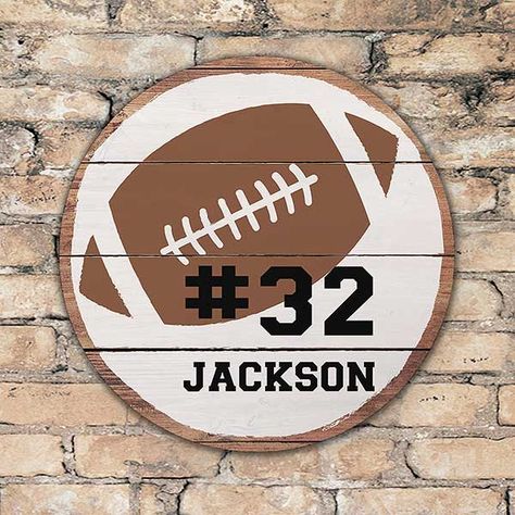 Personalized Round Wood Football Sign Football Crafts, Football Signs, Door Signs Diy, Making Signs On Wood, Football Decorations, Sports Signs, Round Wood Sign, Back Painting, Bedroom Bar