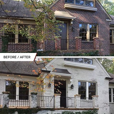 20 Limewash Brick House (with Before and After Photos) - A House in the Hills Beige Limewash, Limewash Interior, Painted Brick Exteriors, Painted Brick House, Home Exterior Makeover, Exterior Renovation, Brick Exterior House, Exterior Makeover, Exterior Remodel