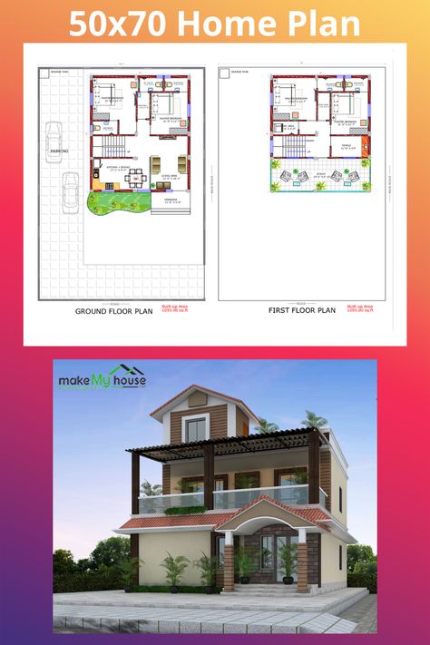 50x70 Home Plan East Facing Plot having built-up area - 3500 SqFT with Modern Exterior Design for Duplex House. 50x70 House Plans, Modern Exterior Design, Home Exterior Design, Duplex House Plans, Duplex House Design, One Story Homes, Duplex House, Family House Plans, Planning Printables