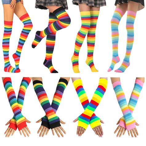 Rainbow Knee High Socks, Long Socks Aesthetic, Stocking Cosplay, Weirdcore Outfits, Christmas Gifts Women, Rainbow Clothes, Rainbow Accessories, Silly Clothes, Dance Socks