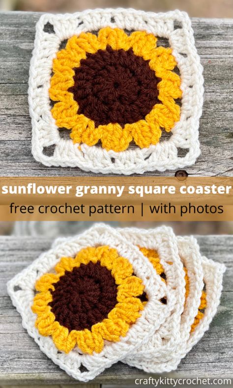 Sunflower Granny Square Coaster - Crochet Pattern ~ Crafty Kitty Crochet Sunflower Granny Square, Sunflower Coasters, Granny Square Pattern Free, Crochet Granny Square Tutorial, Coaster Crochet, Sunflower Crochet, Coaster Pattern, Crochet Coaster Pattern, Crochet Washcloth