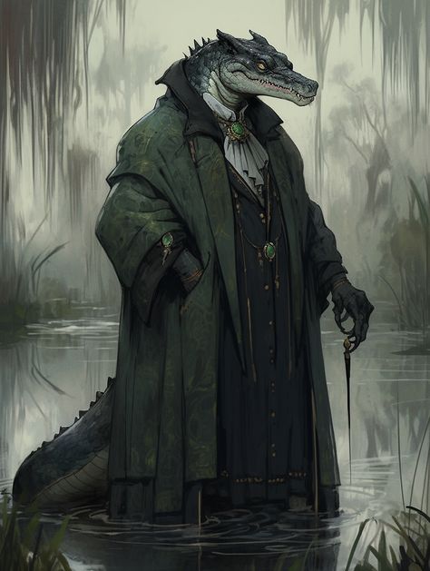 Dnd Barkeep, Alligator Character Design, Lizardfolk Character Art, Lizardfolk Wizard, Lizardfolk Dnd, Dnd Lizardfolk, Alligator Character, Dragon Born, Fantasy Races