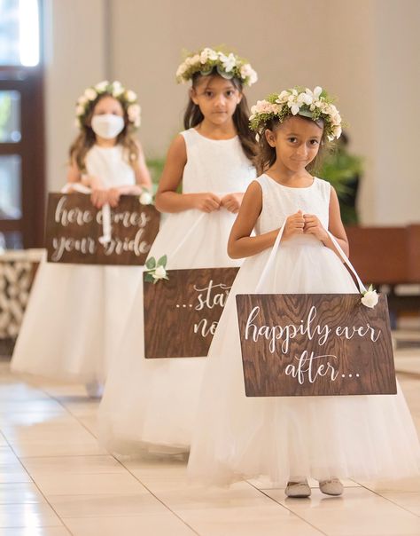 Flower Girl Walking Down Aisle Ideas, Multiple Flower Girls Ideas, Flower Girl Signs To Carry, Wedding Signs For Kids To Carry, Happy Ever After, Kids In Wedding Ceremony, Flower Girls Ideas, Flower Girl Flowers, Flower Girl Ideas