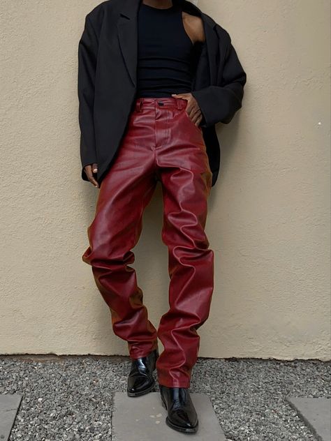 Casino Royale Mens Outfit, Fancy Leather Pants Outfit, Red Leather Pants Outfit Men, Masculine Club Outfits, Men’s Club Outfits, Queer Night Outfit, Christmas Club Outfit, Clubbing Outfit Men, Club Fashion Men