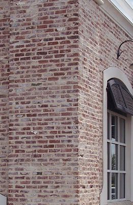 messy mortar Smeared Brick Exterior, Mortar Smear Brick Exterior, Over Grouted Brick Exterior, Brick Mortar Styles, Vintage Brick House, Paint Brick Exterior, Messy Mortar Brick Fireplace, Red Brick With White Mortar, Lime Slurry Brick Exterior