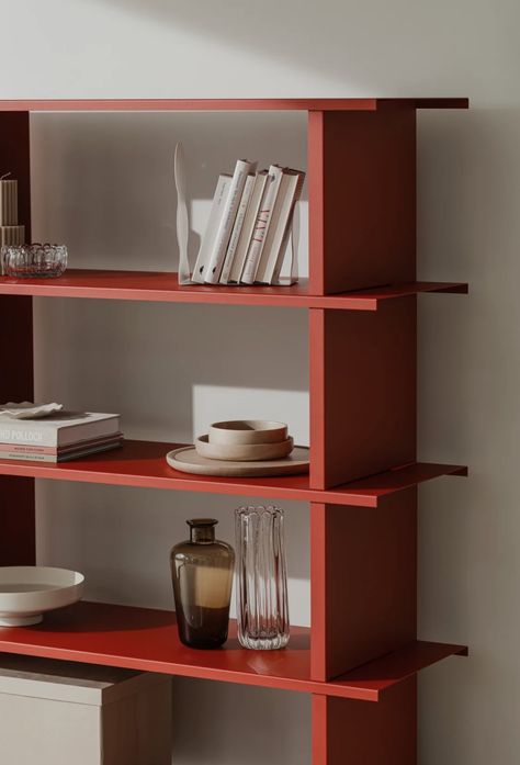 Organize Living Room, Red Bookcase, Red Bookshelf, Minimal Shelves, Colorful Shelf, Red Shelves, Room Things, Office Organisation, Office Shelf