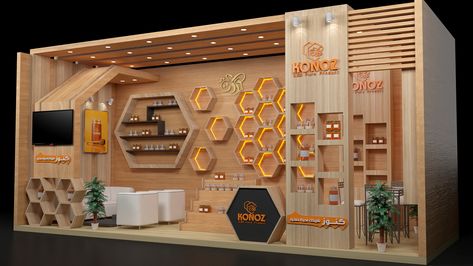 Stand Booth Design Food, Merchandise Display Table, Booth Design Food, Honey Stand, Honey Label Design, Creative Booths, Museum Exhibition Design, Stall Design, Coffee Shop Interior Design