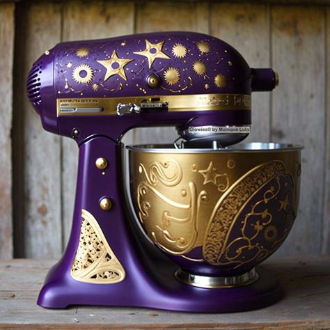 Purple And Copper Kitchen, Celestial Furniture, Celestial Kitchen, Purple Kitchen Appliances, Colorful Kitchen Appliances, Whimsical Kitchen, Moody Decor, Fantasy Furniture, Purple Kitchen