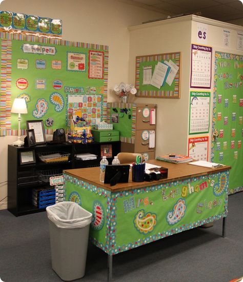 Teacher's Desk decorated with Dots on Turquoise. Every teacher deserves their own space! Teacher Desk Decorations, Teacher Desk Areas, Teacher Desk Organization, Teacher's Desk, Classroom Arrangement, Classroom Decor High School, Diy Classroom Decorations, Classroom Desk, Teacher Classroom Decorations