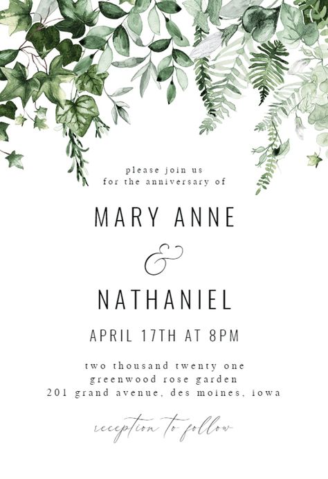 Ivy and Sage - Anniversary Invitation Template | Greetings Island Wedding Invitations Leaves, Dinner Party Invitations, Eucalyptus Wedding Invitation, Greetings Island, Feuille Eucalyptus, Sage Wedding, Party Invite Design, Green Wedding Invitations, Digital Wedding Invitations