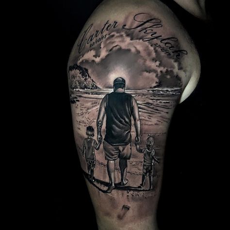 Father Son Sleeve Tattoo, Father And Son Tattoo Design, Father And Son Sleeve Tattoo, Father Son Silhouette Tattoo, Son Portrait Tattoo Ideas, Son Tattoo, Father Daughter Tattoos, Clock Tattoo, Family Holiday Photos