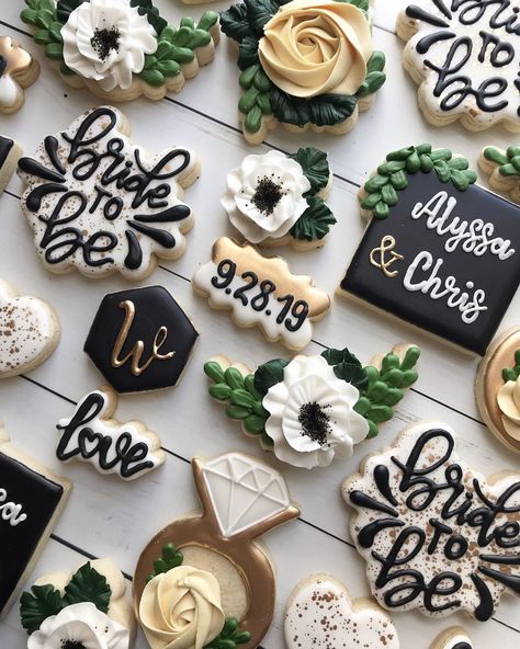 Fairytale Cookie Co LLC on Instagram: “Black, white and greenery bridal shower set. 🌿🌿🌿 * * * * #fairytalecookieco #madewithlove #handmade #customcookies #decoratedcookies #fancy…” Bridal Shower Decorations Black And White, Black And Silver Bridal Shower Ideas, Bridal Shower Ideas Emerald Green, Black And Green Bridal Shower Ideas, Black White Green Bridal Shower Ideas, Couples Shower Cookies Decorated, Bridal Shower Ideas Black Women, Black Wedding Shower Ideas, Bridal Shower Themes Black And White