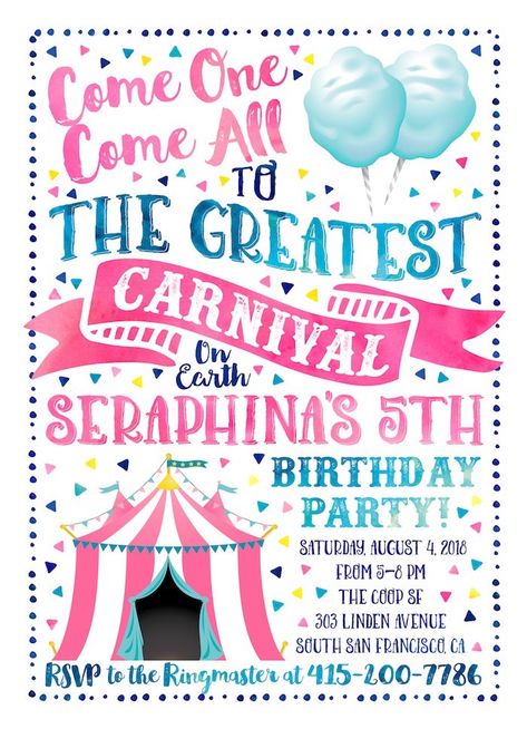 Carnival Party Invite from a Girly Carnival Birthday Party on Kara's Party Ideas | KarasPartyIdeas.com (4) Circus Birthday Party Invitations, 3rd Carnival Birthday Party, Unicorn Carnival Birthday Party, Carnival Birthday Party Invite, Carnival Theme Party Invitations, Carnival Party Invite, Carnival Themed Invitations, Girly Carnival Birthday Party, Carnival 5th Birthday Party