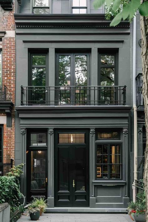 39 Gorgeous Gray Houses With Black Trim Office Building Aesthetic, Gray And Black House Exterior, Gray Houses With Black Trim, Victorian Homes Exterior Colors, Houses With Black Trim, House Black Trim, Office Building Exterior, Gray Houses, Brownstone Homes