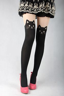 These are too cute! Wouldn't ever wear anything like them, but I do like them. Totes Adorbs ❤ Cat Tights, Thigh High Tights, Cat Stockings, Jeanne Damas, Hot Lingerie, Thigh High Socks, Outfit Trends, Cat Face, Black Cats