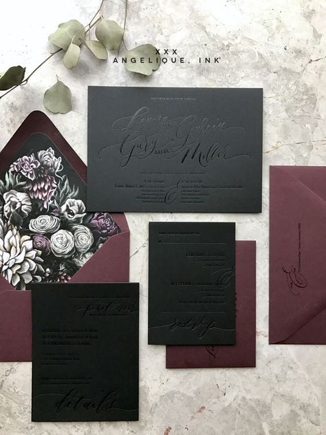 a gorgeous black and burgundy invitation suite with pressed calligraphy and floral lining Kad Perkahwinan, Dark Wedding Invitations, Luxe Wedding Invitations, Moody Florals, Black Wedding Invitations, Dark Wedding, Goth Wedding, Letterpress Invitations, Black Invitation