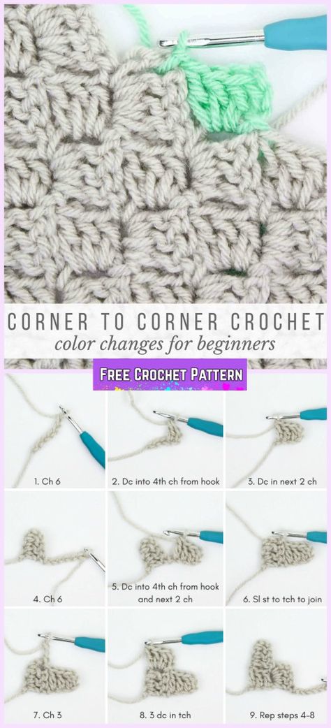 How to Crochet Corner to Corner For Beginner Tutorial Crochet Corner To Corner, Change Colors In Crochet, Crochet C2c Pattern, C2c Crochet Pattern Free, C2c Crochet Blanket, Corner To Corner Crochet, Easy Knitting Projects, Crochet Geek, Start Knitting