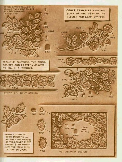 Flower and Leaf Stamps Leather Tutorial, Leather Working Patterns, Leather Working Tools, Leather Tooling Patterns, Tooling Patterns, Tandy Leather, Leather Craft Patterns, Leather Craft Projects, Leather Craft Tools