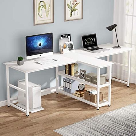 Amazon.com: Tribesigns 90.5 inch Computer Desk, Extra Long Two Person Desk with Storage Shelves, Double Workstation Office Desk Study Writing Desk for Home Office (Black, 90.5x21.7 in) : Home & Kitchen Two Person Desk Home Office, Cinnamon Fern, Two Person Desk, Desk For Home Office, Study Writing, Under Desk Storage, Desk Study, Desk With Storage, Bookshelf Desk