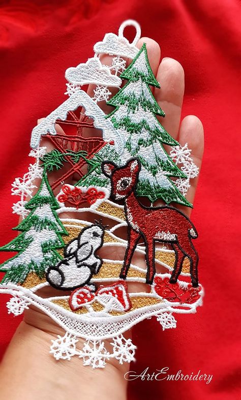 FSL Winter Fairy Tale Deer Embroidery Design Collection by ArtEmbroidery Fsl Embroidery Designs Free, Fsl Earring Designs, Fsl Machine Embroidery, Free Standing Lace Machine Embroidery, Christmas Machine Embroidery Designs, Fsl Embroidery Designs, Fsl Embroidery, Deer Embroidery, Machine Embroidery Christmas