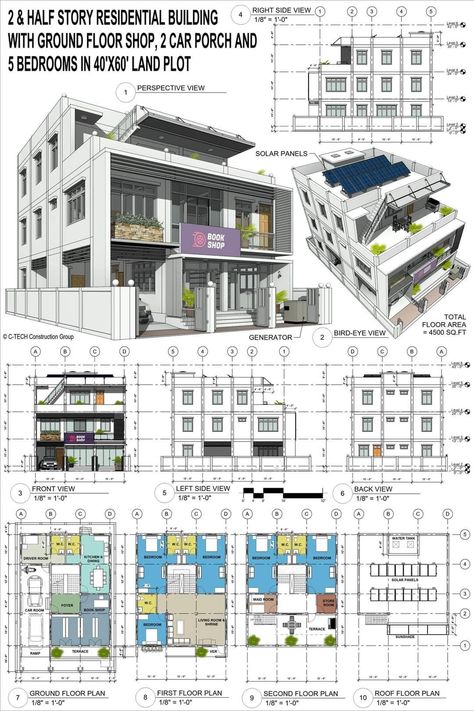 Plan And Elevation Modern Houses, Small Residential Building Plan, 2 Story Apartment Floor Plan, Residential House Floor Plan, Apartment Blueprints, Plan Interior Design, Building Design Plan, Architectural Plan, Elevation Plan