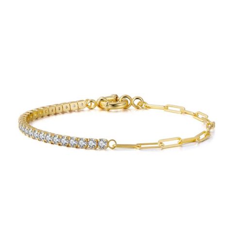 Beautiful, high quality gold plated sterling silver tennis bracelet featuring cubic zirconia stones. A sophisticated bracelet to add glam to your look! ✩ Available in gold  ✩ Gold plating over Sterling Silver ✩ Highest quality cubic zirconia stones ✩ Available sizes: 6.5", 7", 7.8" ✩ Half of bracelet is tennis with cubic zirconia and half is paperclip chain.  This item is plated to resist against tarnishing. Over time, plated jewelry may tarnish and to prevent this, we recommend avoiding exposur Low Cut Black Dress, Paperclip Bracelet, Silver Tennis Bracelet, Bracelet Tennis, Trombone, Tennis Bracelet, Gold Gold, Gold Plated Sterling Silver, Chain Link Bracelet