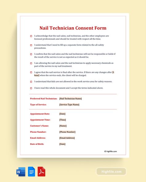 Nail Technician Consent Form Template Nail Consent Form, Nail Tech Consent Form, Nail Consultation Form, Nail Tech Policies, Nail Facts, Nail Branding, Mobile Nail Technician, Nails Business, Nail Training