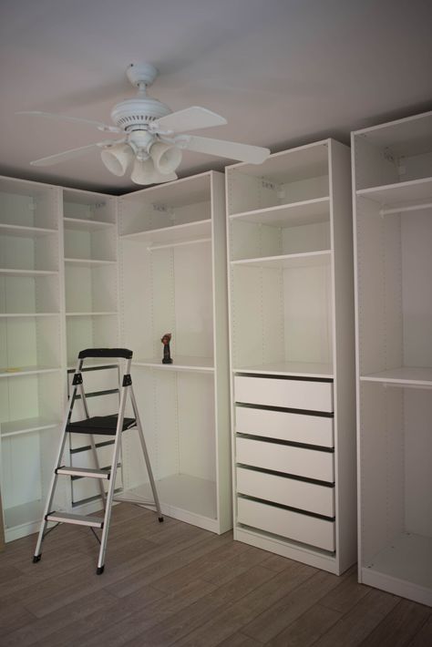 How to Design and Install an IKEA PAX Wardrobe — Anna Elizabeth Walk In Wardrobe Spare Bedroom, How To Install Pax Wardrobe, Ikea Wardrobe Storage Ideas, Ikea Pax Trim, Ikea Walk In Closet Ideas Pax Wardrobe, Ikea Closets Ideas, Ikea Pax Walk In Closet Ideas, Ikea Pax Dressing Room, Ikea Hauga Wardrobe