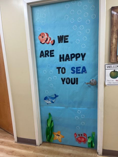 Preschool, classroom decoration, summer, ocean animals, Sea puns. Underwater Door Decorations Classroom, Beach Classroom Door Ideas, Whale Door Decoration, Ocean Door Decorations Classroom, Ocean Classroom Door Ideas, Under The Sea Classroom Door, September Arts And Crafts, Summer Classroom Door, Preschool Door Ideas