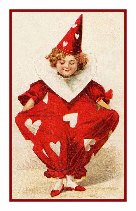 Valentine Cherub Red Hearts Counted Cross Stitch or Counted Needlepoint Pattern Pierrot Clown, Victorian Valentines, Postal Vintage, Valentine Postcards, Vintage Clown, Vintage Valentine Cards, Valentines Greetings, Valentine Greeting Cards, Valentines Art