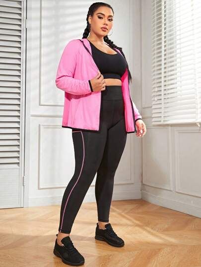 Plus Size Exercise Clothes, Bra Outfit, Estilo Fitness, Without Bra, Workout Fashion, Color Block Leggings, Plus Size Activewear, Contrast Piping, Sports Jacket